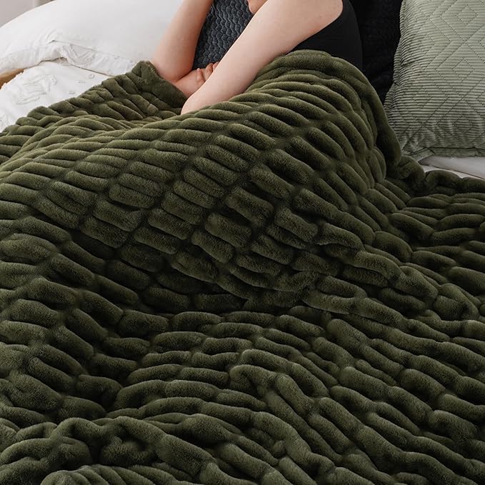 BATTILO HOME Olive Green Faux Fur Throw Blanket for Bed, Large Double Side Reversible Ruched Faux Rabbit Fur Throw for Couch, Bed, Super Soft Blanket Cozy Warm Mink Blanket, 60"x80"