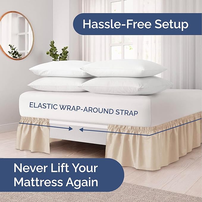 Wrap Around Dust Ruffle Bed Skirt - Cream - Twin/Twin XL Size Beds with 24 Inch Drop - Easy Fit Elastic Strap - Adjustable Pleated Bedskirt w/Brushed Fabric - Wrinkle Free - Women, Men, Kids & Teens