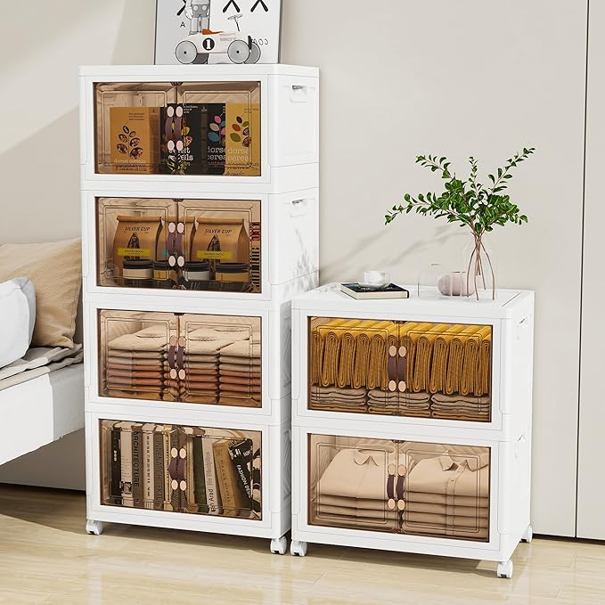 Storage Bins with Lids and Wheels, 180QT-45QT*4Tier Collapsible Bathroom Storage Cabinet with Clear Doors, Plastic Stackable Closet Organizers and Containers White