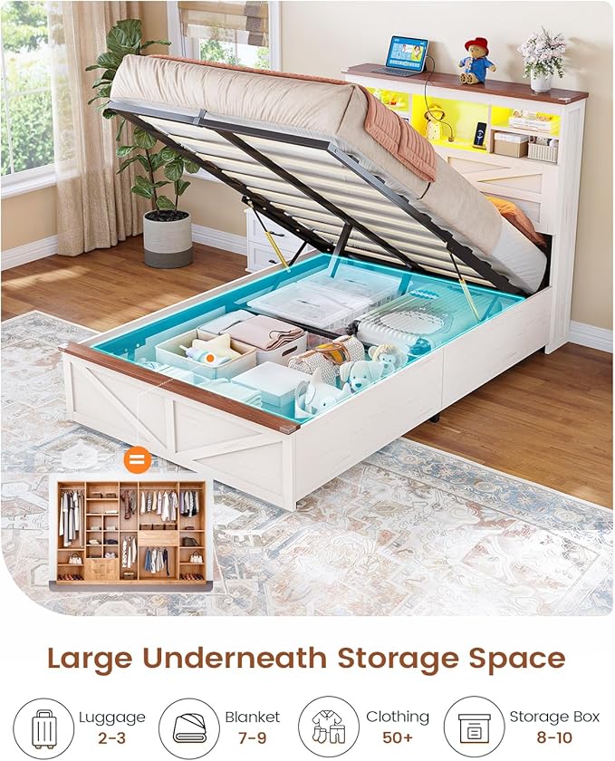 AOGLLATI Farmhouse Twin Bed Frame with Lift Up Storage & Hidden Bookcase Storage Headbord, Wood Bed Frame Twin with Charging Station, Led Lights, No Box Spring Needed, Antique White
