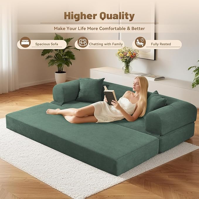 80" Convertible Sofa Bed,Corduroy Folding Sleeper Sofa Bed Queen with Pillows & Storage,Modular Pull Out Couches Boneless Couch for Living Room,Compressed Couch in a Box,Light Green
