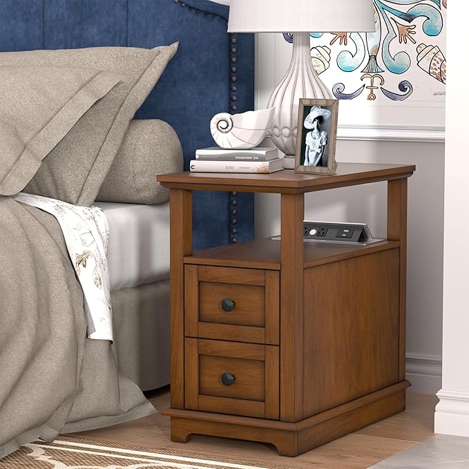 HIFYOBRO 2 Drawers End Table with Flip Top Charging Station, Type-C & USB Port & Power outlets, Wooden Nightstand, Side Table with Storage for Living Room and Bedroom
