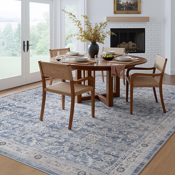 MontVoo-Vintage Area Rug 6X9 Blue Rugs for Living Room-Soft Distressed Printed Rugs for Bedroom-Non Slip Carpet-Machine Washable Rug for Dining Room Living Room Bedside Office
