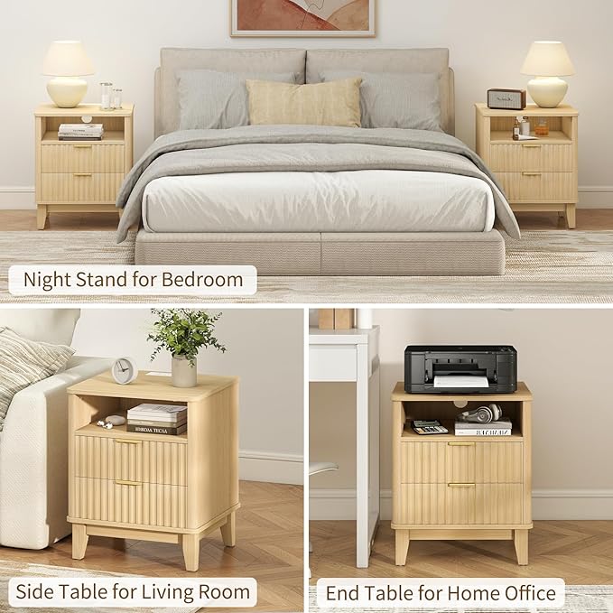 Night Stand Set of 2 with Charger Station, Fluted Nightstand with Drawers and Storage Shelf, Mid Century Modern Bedside Table Nightstands, Large Bed Side Table Wood Night Stands for Bedroom
