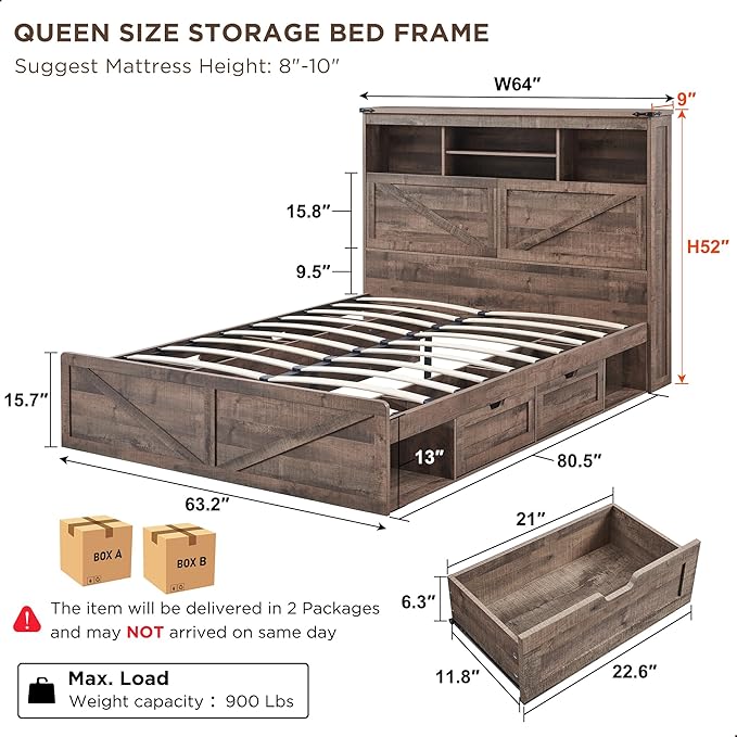 ACCOHOHO Farmhouse Queen Size Bed Frame with 52" High Storage Bookcase Headboard and 4 Drawers,Wooden Bed Frame with LED Light and Charging Station,Light Brown