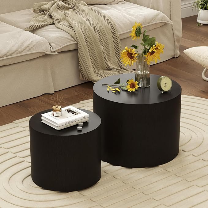 Nesting Coffee Table Set of 2, Round Wood Black Coffee Tables Modern Circle Coffee Tables Side End Table for Small Spaces Living Room, Bedroom, Balcony, Office