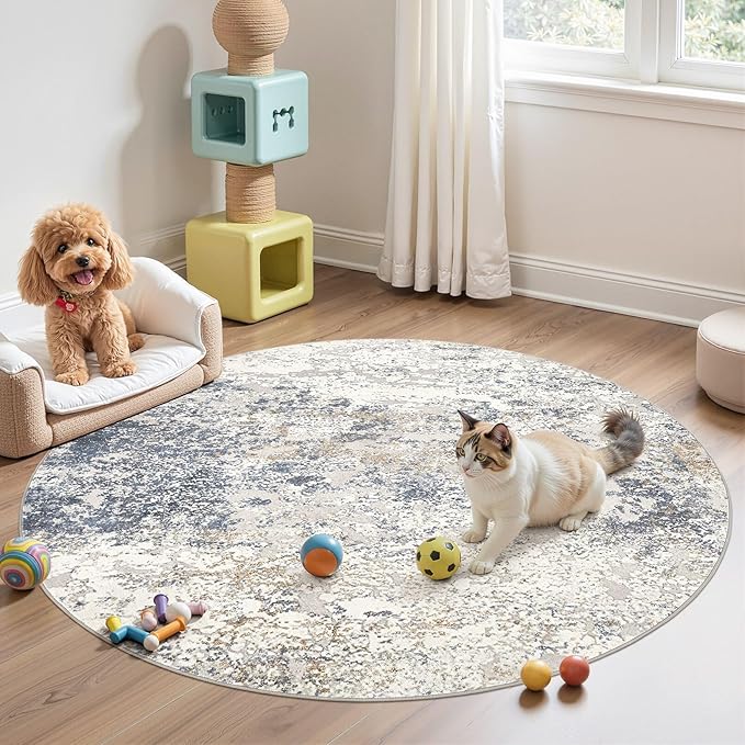 6ft Round Area Rug Living Room Rugs - 6x6 Washable Large Soft Indoor Modern Abstract Low Pile Rug Carpet for Bedroom Dining Room Farmhouse Home Office - Beige Blue