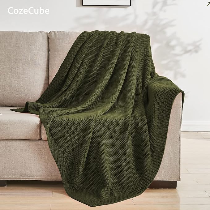 CozeCube Olive Green Throw Blanket for Couch, Soft Cozy Cable Knit Throw for Bed Sofa Living Room, Lightweight Warm Decorative Farmhouse Christmas Blanket, 50"x60", Olive Green