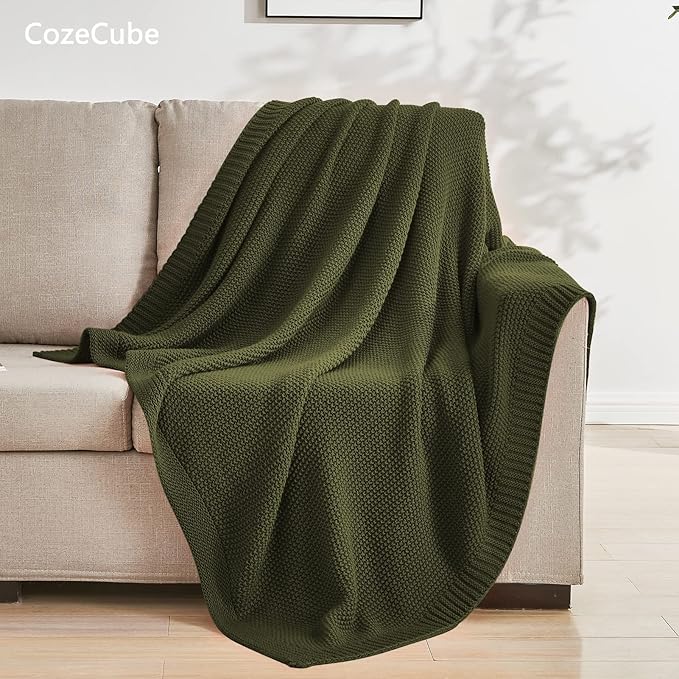 CozeCube Olive Green Throw Blanket for Couch, Soft Cozy Cable Knit Throw for Bed Sofa Living Room, Lightweight Warm Decorative Farmhouse Christmas Blanket, 60"x80", Olive Green