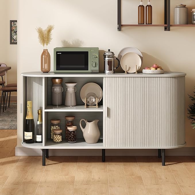 ONBRILL 55" Sideboard Buffet Cabinet with Storage, Storage Cabinet with Sliding Door & Adjustable Shelf, Modern Accent Coffee Bar Console Table for Kitchen, Entryway, Natural White