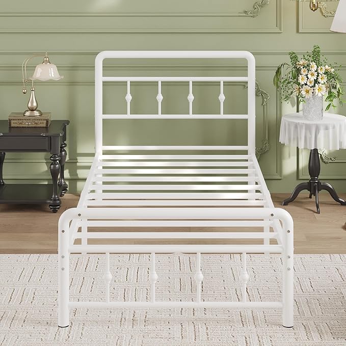 12 Inch Twin Bed Frames with Headboard and Footboard, Heavy Duty Twin Metal Mattress Foundation No Box Spring Needed, Noise Free, Easy Assembly, White