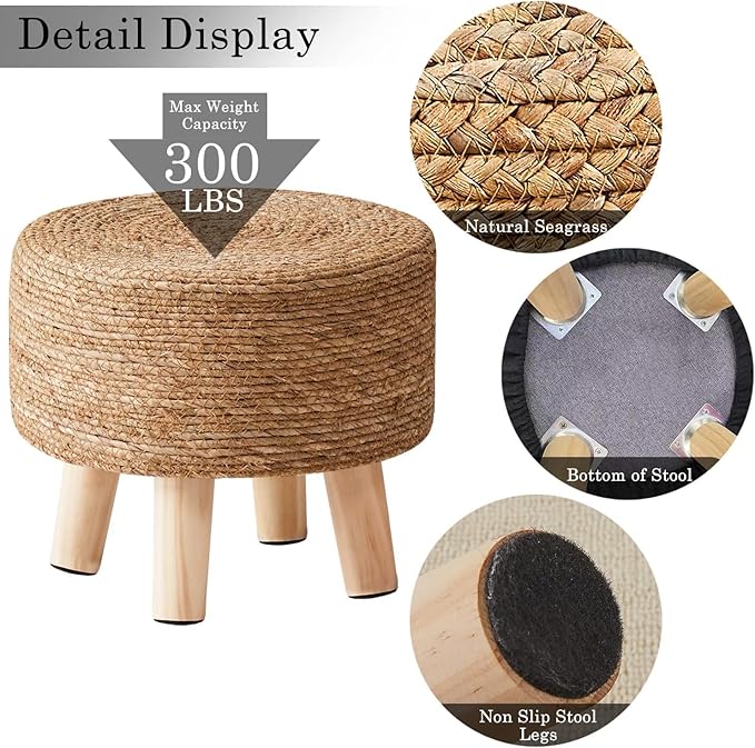 Wimarsbon Round Foot Stool Natural Seagrass Poufs Ottoman Hand Weave Footrest Stool for Couch Desk Extra Seat Step Stool with Solid Wood Legs for Hallway Patio Lounge Natural