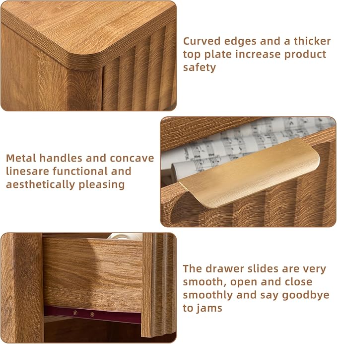 LEYAOYAO 31" Wide Fluted Nightstand with Charging Station, Oversized Extra Large 1 Drawer Night Stand with Golden Handle, Brown Wood Bedside Table Tall End Tables,for Bedroom, Living Room, Hallway
