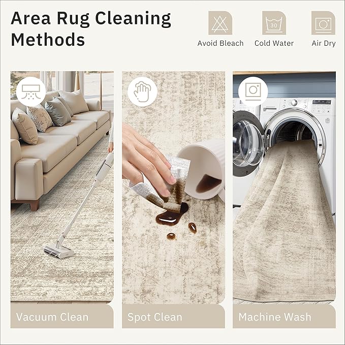 4x6 Area Rugs for Living Room, Vintage Washable Rugs for Dining Room, Bedroom, Home Office Decor, Non-Slip Beige Carpet Thin Rug