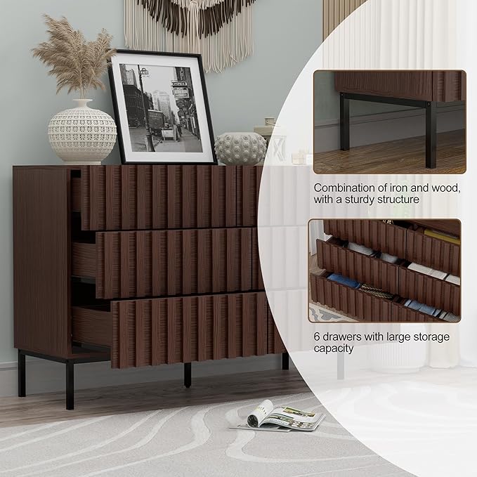UEV Fluted Dresser for Bedroom with 6 Drawers, 47" Wide Large Chest of Drawers with Metal Stand, Mid-Century Wooden Dresser TV Stand, Closet Storage Organizer for Living Room, Hallway (Walnut)