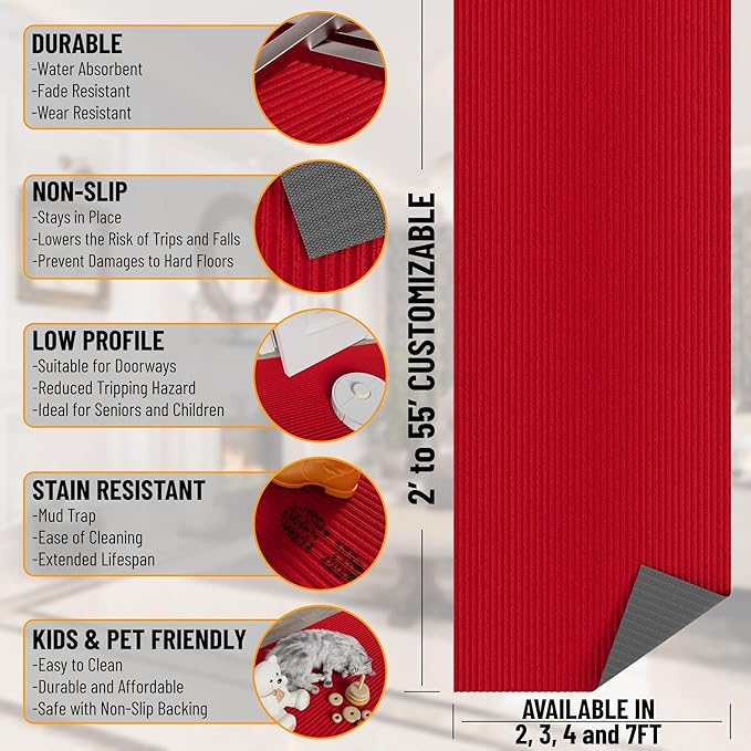 Ottomanson 6'6" x 23' Hallway Runner with Scraper Pile Extra Durable Non-Slip Rug Mat for Indoor & Outdoor Use - Ideal for Kitchen, Entryway, Patio & Garage - High-Traffic Carpet, Red