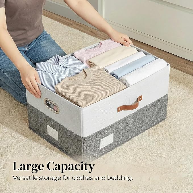 PRANDOM Storage Bins with Lids [3-Pack] Linen Fabric Foldable Storage Boxes Organizer Containers Baskets Cube with Cover Grey&White (23.4X15.9X11.4)