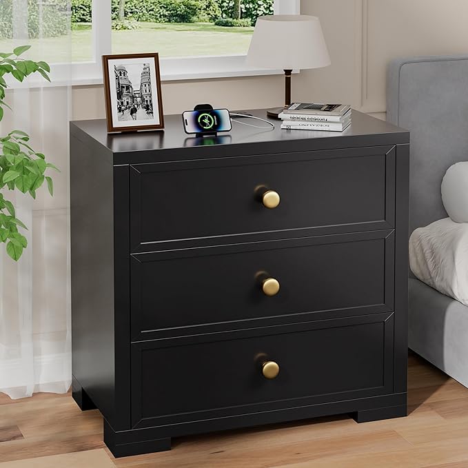 COWMOU Nightstand with Drawers 3 Drawer Night Stand with Charging Station Farmhouse Style Large Bed Side Table for Bedroom Living Room (1, Black)