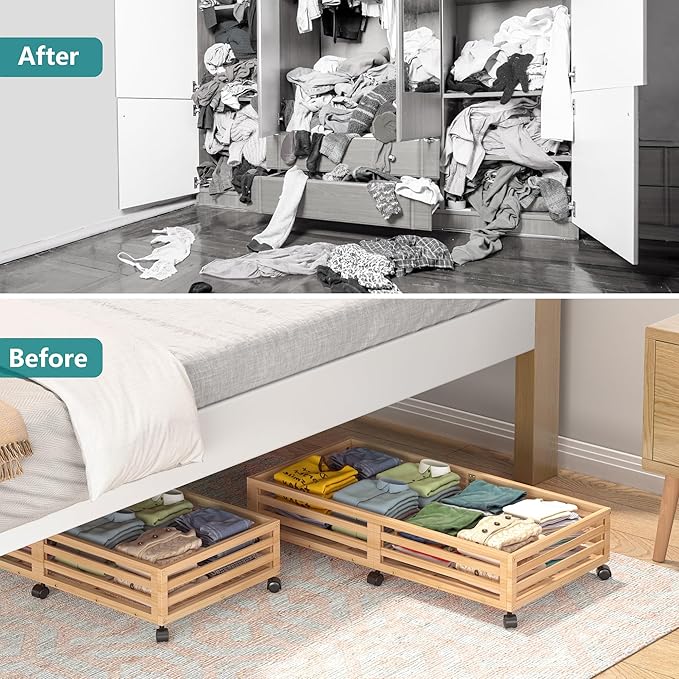 Wisuce Bamboo Under Bed Storage Containers- Underbed Organizer with Wheels with Large Dust Bag,Sturdy Wood Rolling Under the Bed Shoe Storage Organizer Drawer 2 Packs (Nature, Long)