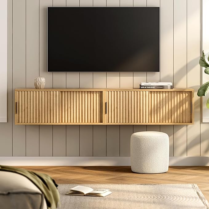 Fluted Wall Cabinet with Sliding Doors, Modern Large Floating Nightstand Storage Shelf Bedside Tables for Bedroom, Study Room Natural Oak