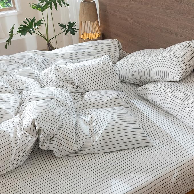 MooMee Striped Duvet Cover Set 100% Washed Cotton Linen Like Textured Breathable Durable Soft Comfy (White Heathered Green Wide Stripes, Full 80"x90")