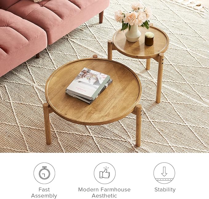 mopio Dylan Solid Wood Nesting Coffee Table Set (Mango Wood Oak, Round)