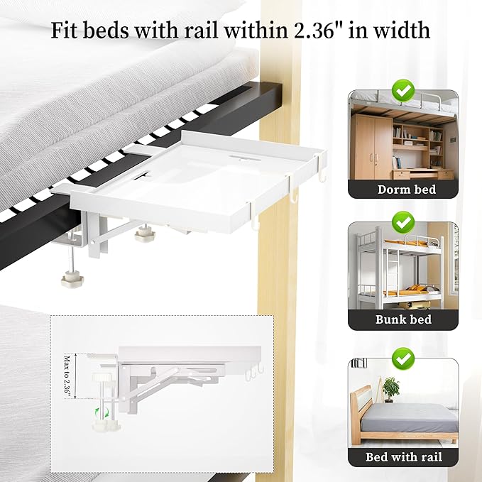 Foldable Bedside Shelf, Metal Clip-On Bed Tray Table for Bunk Bed & Dorm Beds, Dorm Room Essentials Organizer for College Students, Floating Tray, Space Saving Nightstand for Loft Beds (White, Small)