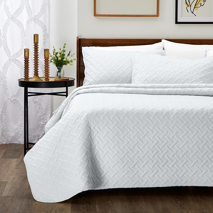 Cosy House Collection Luxury Rayon Derived from Bamboo 2-Piece Quilt Set - Ultra Soft Quilted Coverlet Bedspread - Classic Weave Stitch - Includes Quilt and 1 Pillow Sham (Twin/Twin XL, White)
