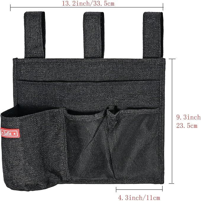 Linen Bedside Caddy, Bedside Storage Organizer for Hospital Beds, College Dorm Rooms or Baby Bed (4 Pockets-Black)