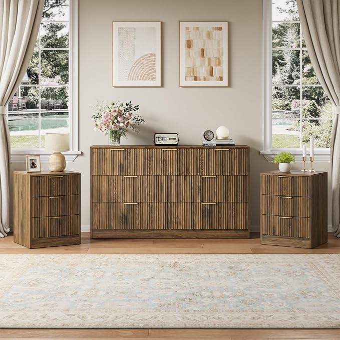 7 Drawer Dresser & Nightstand Set, 3-Piece Fluted Bedroom Dresser and Night Stand Set of 2 with Metal Handle, Modern Wood Chest of Drawers Storage Dressers Set for Bedroom, Walnut