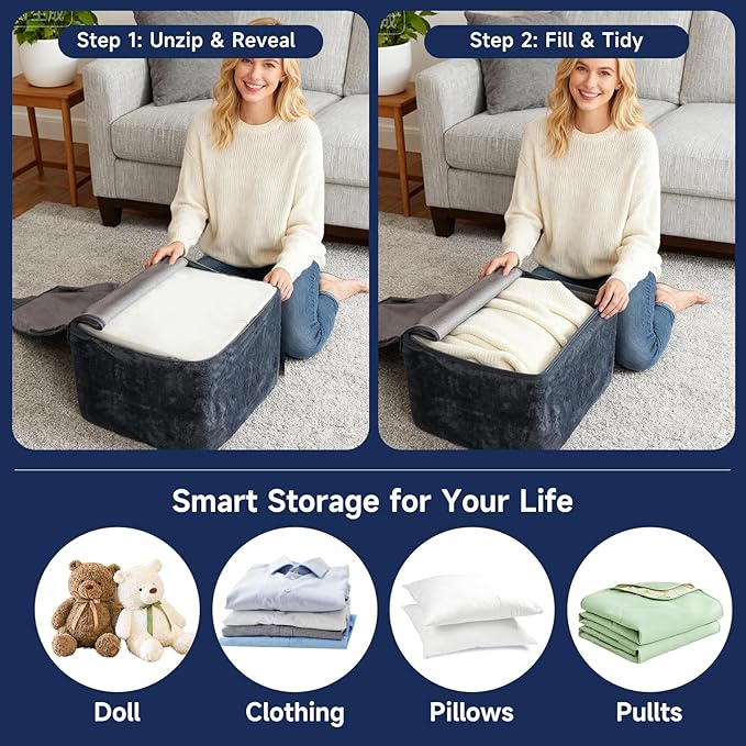 Tiita Stuffed Pouf Ottoman, Square Foot Stool Fluffy Floor Poufs Chair for Living Room Bedroom, Filled Boho Foot Rest for Couch, Blue-Grey