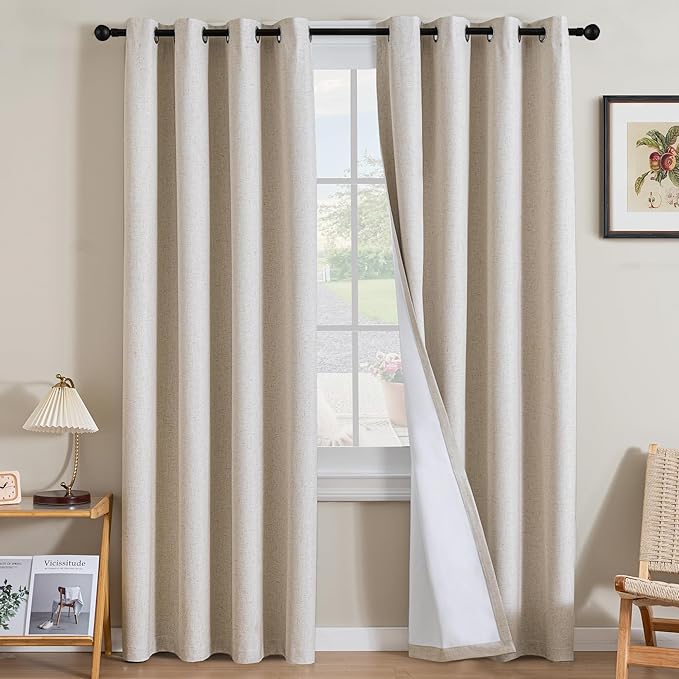 H.VERSAILTEX Linen Curtains 100% Blackout Curtains for Bedroom 102 inch Long Full Light Blocking Nature Linen Blended Window Curtains for Living Room Nickel Grommet (2 Panels, Heathered Natural)