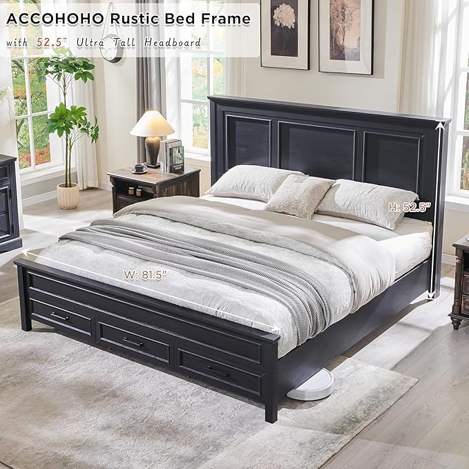 ACCOHOHO Farmhouse King Size Bed Frame with 52" Tall Headboard, Wood Platform Bedframe with Footboard and Storage Drawers, No Squeak, No Box Spring Needed, Black