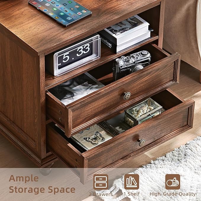24" Wide Farmhouse Nightstand Set of 2 with Charging Station,End Table with 2 Drawers,Brown Wood Dresser for Bedroom Cabinet, Bed Side Table Chest of Drawers, Night Stand for Living Room