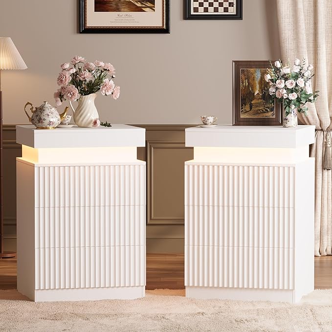 White Nightstand with 3 Drawers and LED Light, Mid Century Modern Fluted Night Stand with Charging Station, Bedside Table & End Table for Bedroom