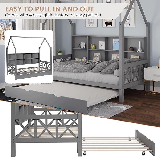Twin House Bed with Trundle Bed and Roof for Kids, Wooden Twin Size Bed Frame with Storage Shelves Guardrails Wood Slats, Headboard for Boys Girls, No Box Spring Required, Gray