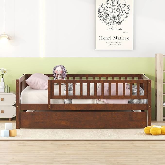 Bellemave Full Size Bed Frames with Rails for Kids, Full daybed Frame with Trundle for Boys/Girls/Adults，Walnut