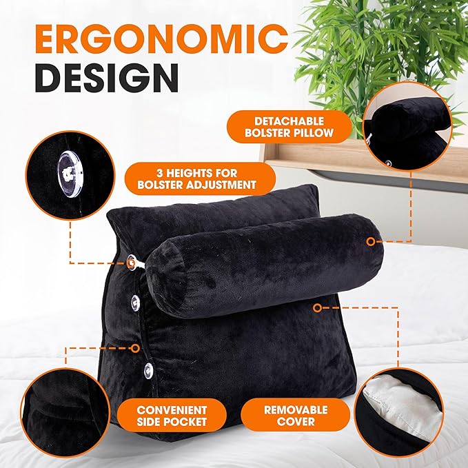 Cheer Collection Reading Wedge Pillow - Adjustable Wedge Reading Pillow with Neck Support, Hollow Fiber-Filled Backrest Pillow for Reading, Gaming, and TV Watching, Black