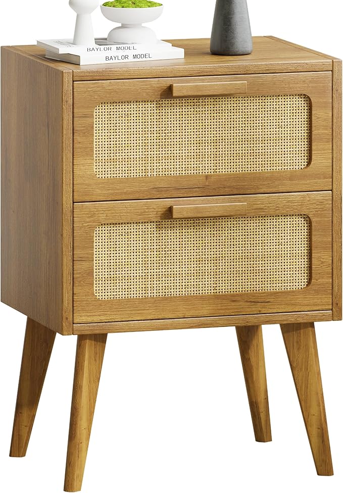 YAUKOMEL Rattan Nightstand,End Table, Side Table with 2 Hand Made Rattan Decorated Drawers,Boho Bedside Table,Wood Accent Table with Storage for Livingroom, Bedroom, Toffee Wood CTG59T
