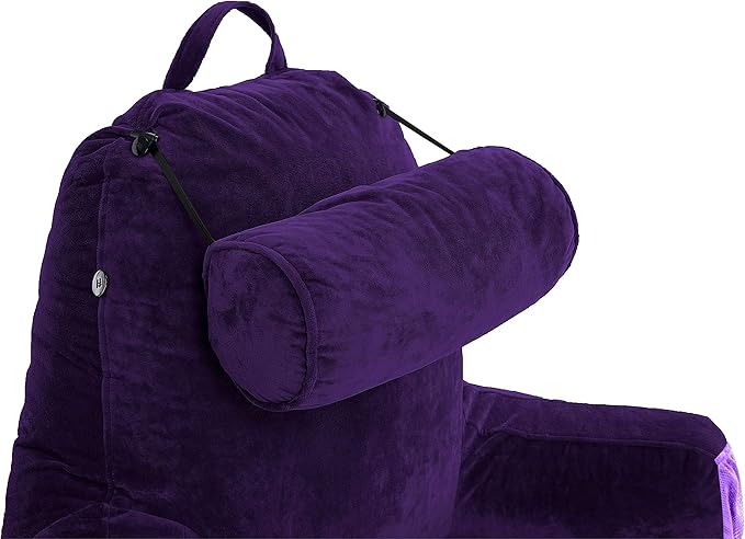 Husband Pillow Medium Purple, Backrest for Kids, Teens, Petite Adults - Reading Pillows with Arms, Adjustable Loft, Plush Memory Foam, Bed Rest Chair for Sitting Up, Detach Neck Roll, Removable Cover