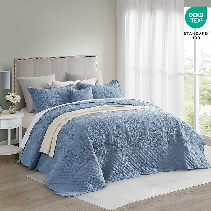 CHIXIN Oversized Bedspread Coverlet Set King Size - Lightweight Bedding Cover - Beautiful Stitching - 5 Piece Reversible Bedspread - Luxury Damask Paisley Pattern (King, Ashley Blue)