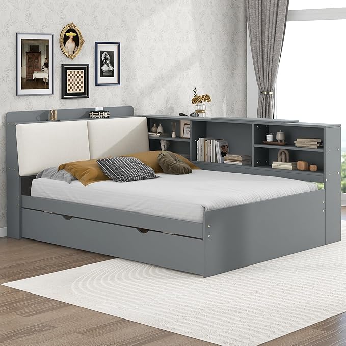 Ball & Cast Full Size Wooden Storage Daybed Frame, Modern Platform Bed with Trundle & Flip Headboard & Shelves, L Shaped Full Floor-Bed w/Upholstered Headboard&Storage, No Box Spring Needed, Gray