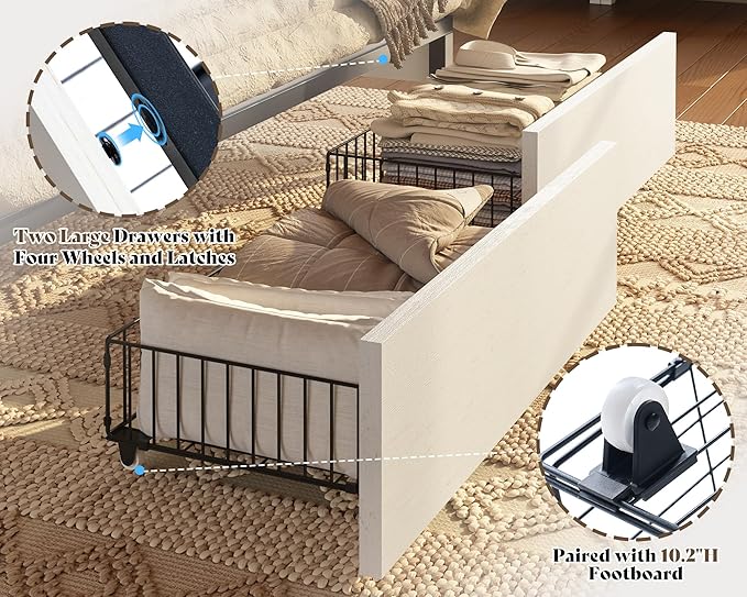 AMERLIFE King 47.2" H Bed Frame with Hidden Space Bookcase Headboard and Charging Station, Beds with 2 Storage Drawers and Wood Slats, No Box Spring Needed, White & Barnwood