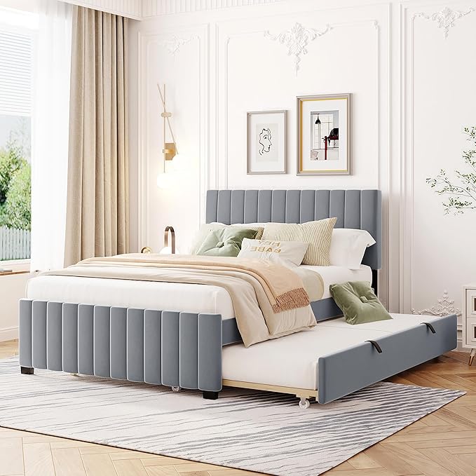 Full Bed Frame with Trundle Bed,Velvet Upholstered Platform Bed Frame,Full Size Trundle Bed with Headboard for Kids Teens Adults(Gray)
