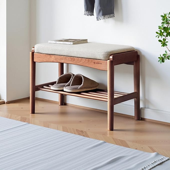 Solid Wood Shoe Bench, Shoe Rack Bench Assembled with Cushion for Entryway, Hallway, Bedroom, Living Room, 11.8" x 23.6" x 16.5", Beech Wood, Walnut