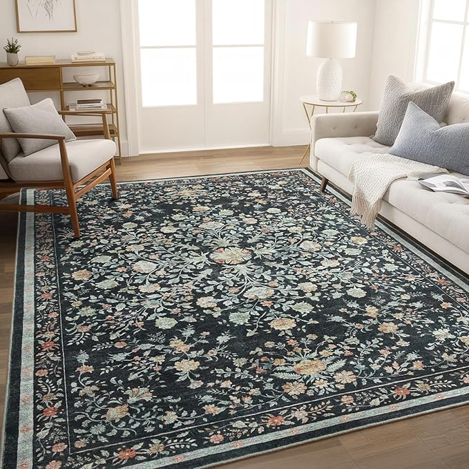 AMADA HOMEFURNISHING 5x7 Area Rugs, Washable Low-Profile Large Living Room Rug with Non-Slip Backing & Durable Edge Binding, Soft Vintage Rug for Bedroom, Dinning Room
