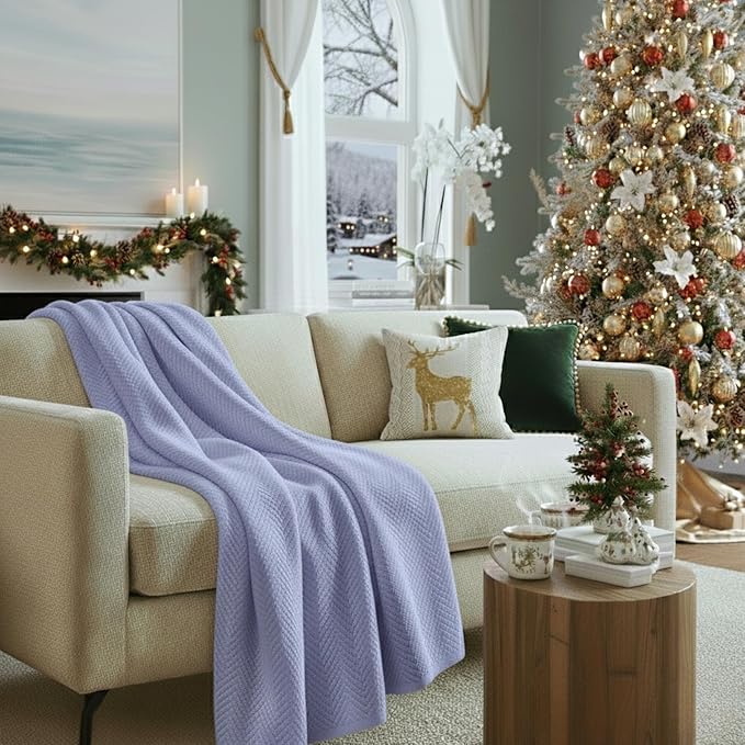 Cloud Scape Linen 100% Cotton Throw Blanket 50x70 Lavender Blue, Luxury All-Season Warmth, Ultra Soft, Oversized Herringbone Gauze Blanket for Winter, Bed, Couch & Sofa Decor, Best Gift Idea