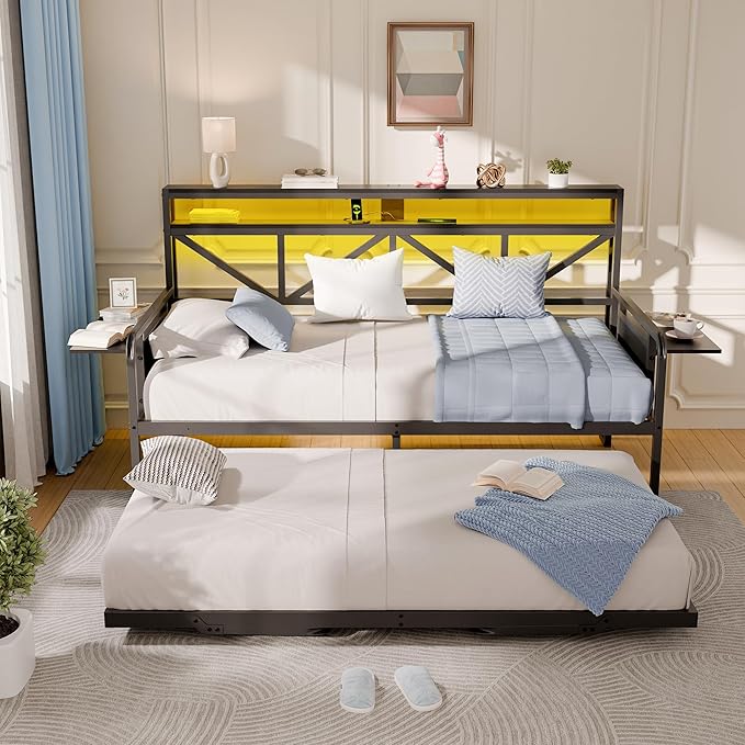 Daybed with Trundle, Heavy Duty Metal Twin Bed Frame with LED Lights & 2-Tier Storage Shelves, Sofa Day Bed with Charging Station & Tabletop for Living Room, Bedroom, Guest Room (Black)
