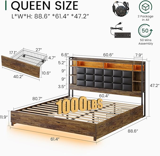 LARMACE Queen Size Bed Frame with 4 Storage Drawers and Bookcase Headboard, Faux Leather Upholstered, Wooden Platform Bed Frame with Charging Station and LED Lights, No Box Spring Needed, Brown