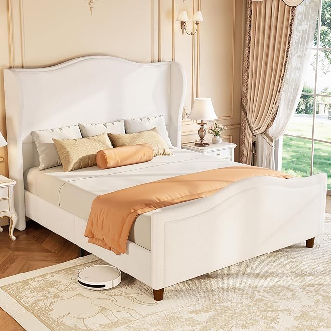 koorlian King Size Bed Frame Chenille Fully Upholstered Bed with Headboard and Footboard, 51" High Tufted Wingback Sleigh Upholstered Platform Bed, Modern Retro Minimalist Style, Easy Assembly, Cream